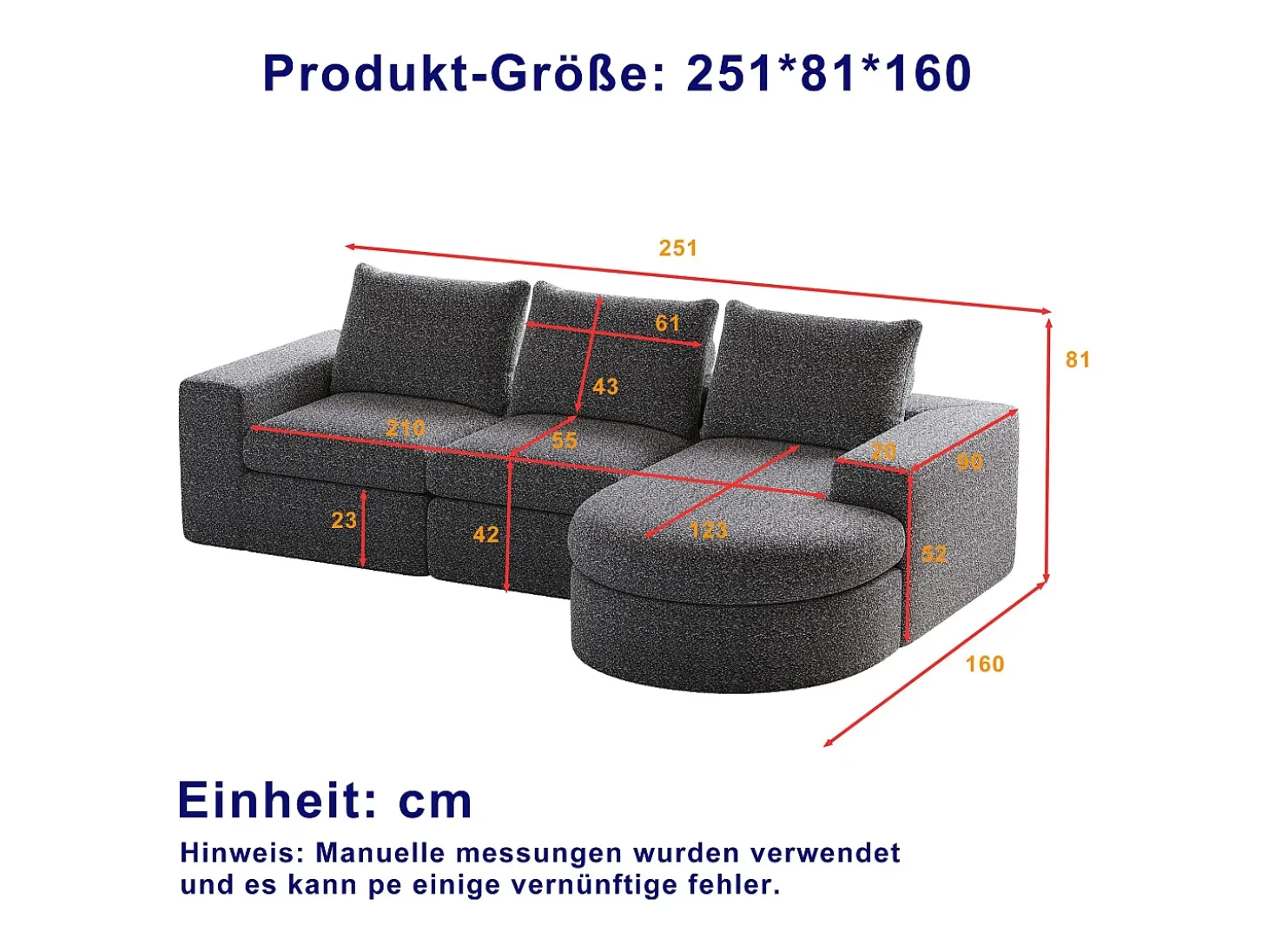 Sofá modular de 3 plazas en tela de chenilla gris con chaise longue redondeada - Respaldo acolchado
