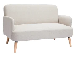 Sofá nórdico 2 plazas de tejido efecto aterciopelado texturizado beige y madera clara ISKO
