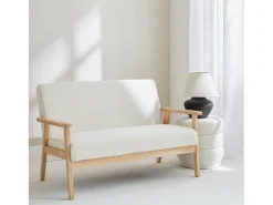 Sofá o banco de borreguito y patas de madera, 2 plazas crema