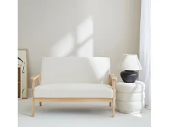 Sofá o banco de borreguito y patas de madera, 2 plazas crema