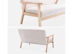 Sofá o banco de borreguito y patas de madera, 2 plazas crema