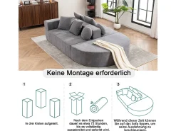 Sofá panorámico 5 plazas modular - de tejido Chenilla gris - con 6 cojines - 263x171x66cm