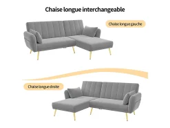 Sofá plegable de 3 plazas - 191,5 x 130 x 80 cm - sofá esquinero con función cama - terciopelo - gris