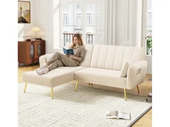 Sofá plegable de 3 plazas - 191,5 x 130 x 80 cm - sofá esquinero con función cama - terciopelo - beige
