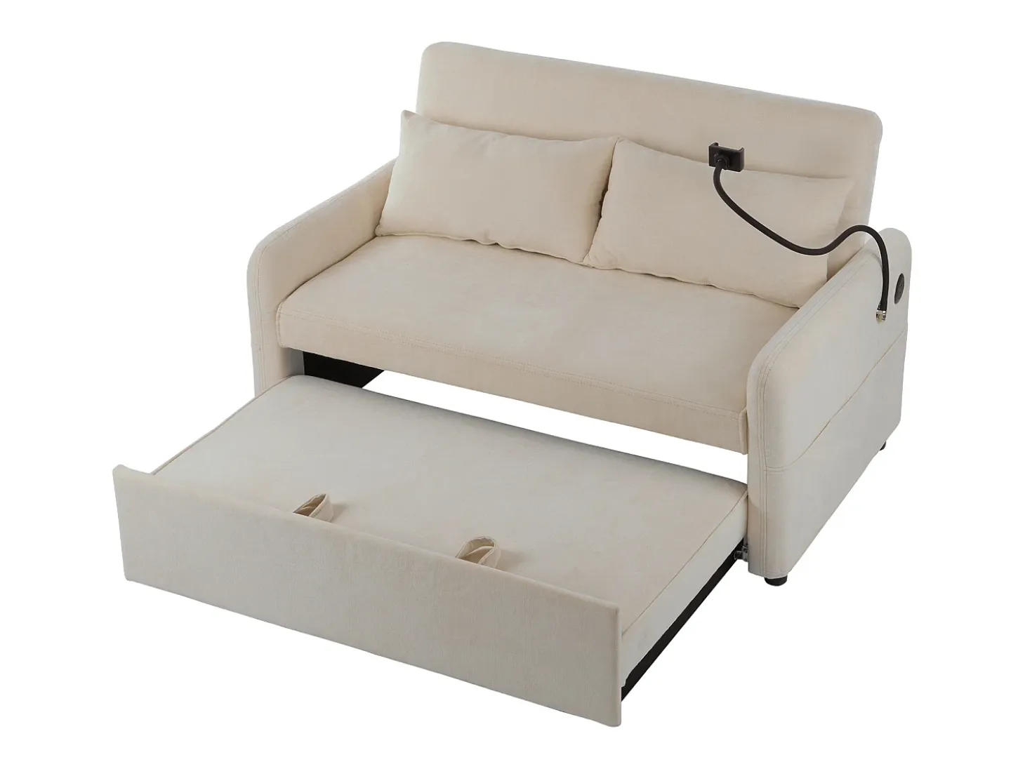 Sofá plegable de 2 plazas de chenilla beige con puerto USB y soporte para teléfono, ideal para salón y dormitorio