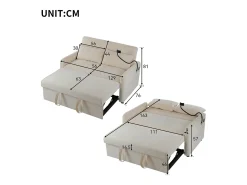 Sofá plegable de 2 plazas de chenilla beige con puerto USB y soporte para teléfono, ideal para salón y dormitorio