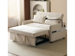 Sofá plegable de 2 plazas de chenilla beige con puerto USB y soporte para teléfono, ideal para salón y dormitorio