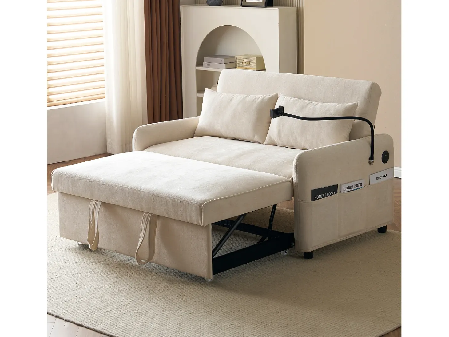 Sofá plegable de 2 plazas de chenilla beige con puerto USB y soporte para teléfono, ideal para salón y dormitorio
