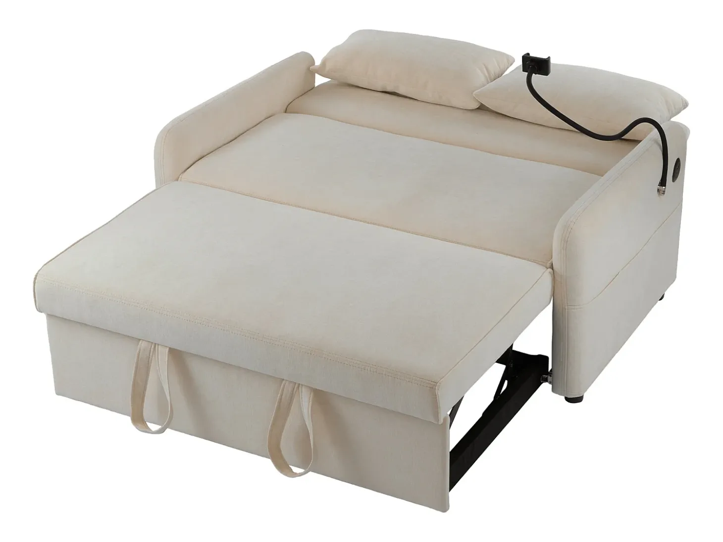 Sofá plegable de 2 plazas de chenilla beige con puerto USB y soporte para teléfono, ideal para salón y dormitorio
