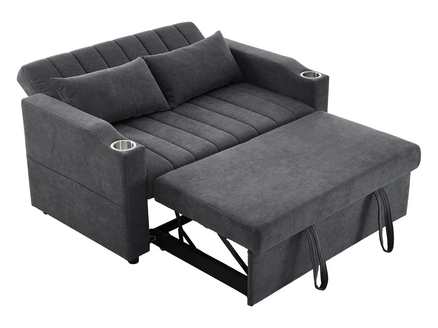 Sofá plegable de 2 plazas, terciopelo gris, con respaldo ajustable y portavasos, para salón o dormitorio