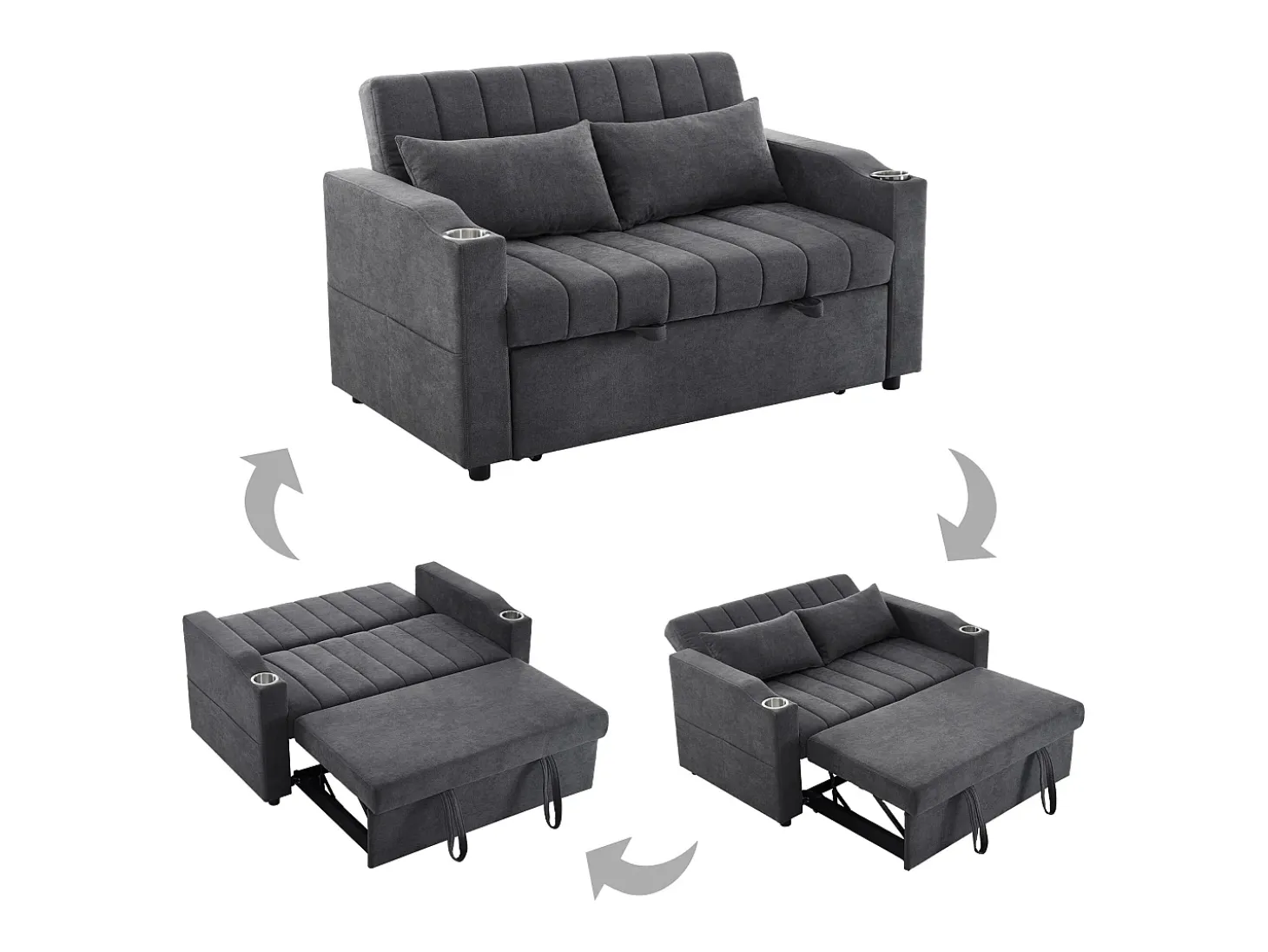 Sofá plegable de 2 plazas, terciopelo gris, con respaldo ajustable y portavasos, para salón o dormitorio