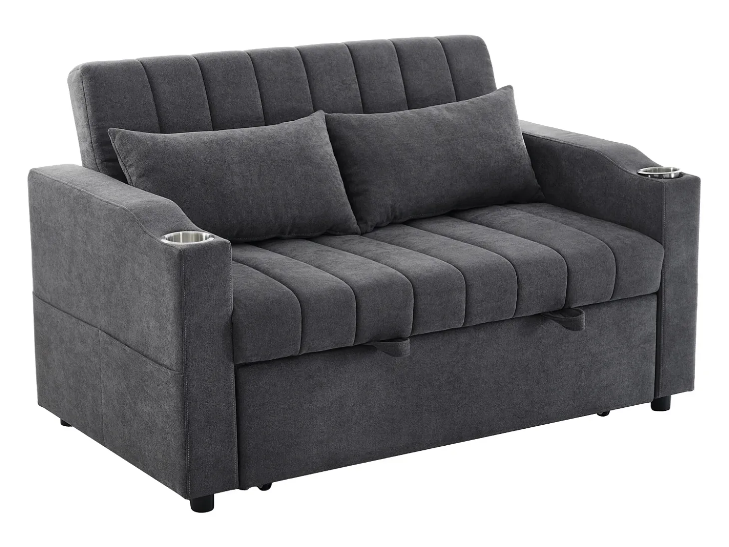 Sofá plegable de 2 plazas, terciopelo gris, con respaldo ajustable y portavasos, para salón o dormitorio