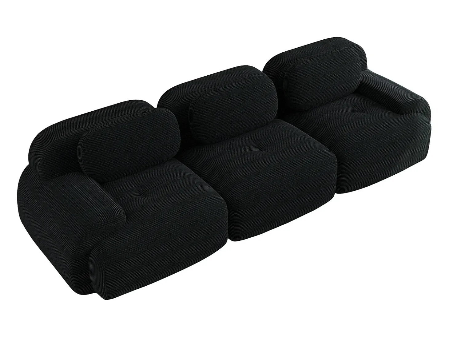 Sofá recto con reposabrazos curvos - Sofá de 3 plazas con respaldo y cojines decorativos - pana negra