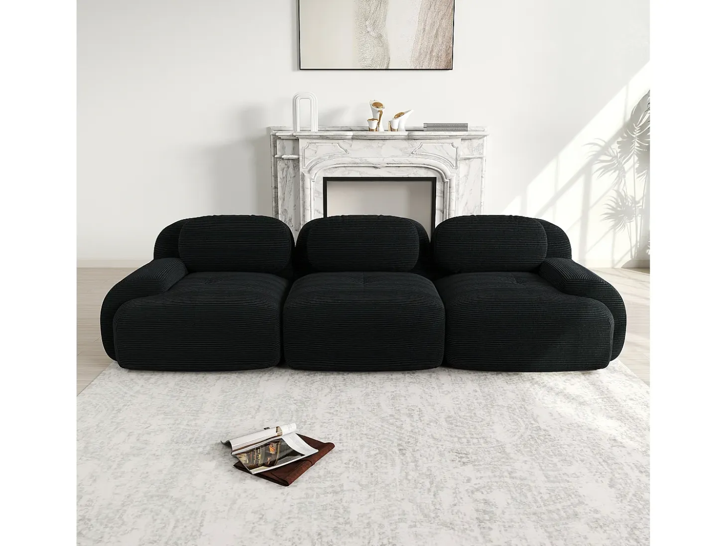 Sofá recto con reposabrazos curvos - Sofá de 3 plazas con respaldo y cojines decorativos - pana negra