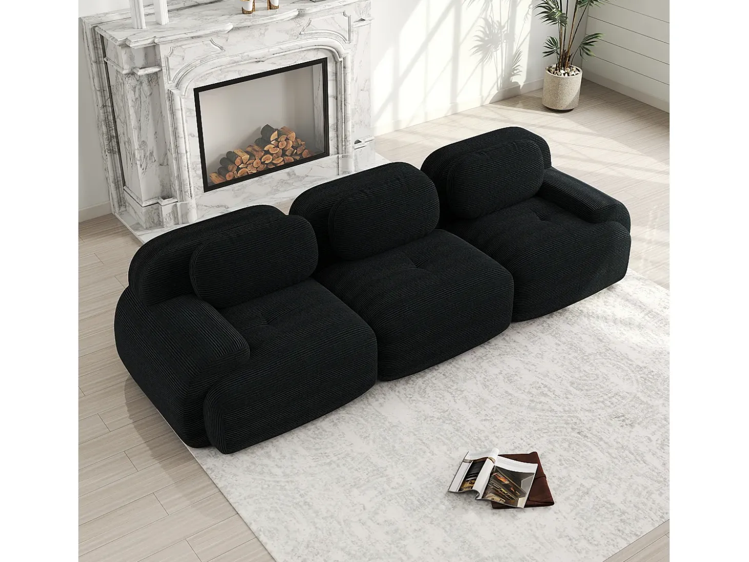 Sofá recto con reposabrazos curvos - Sofá de 3 plazas con respaldo y cojines decorativos - pana negra