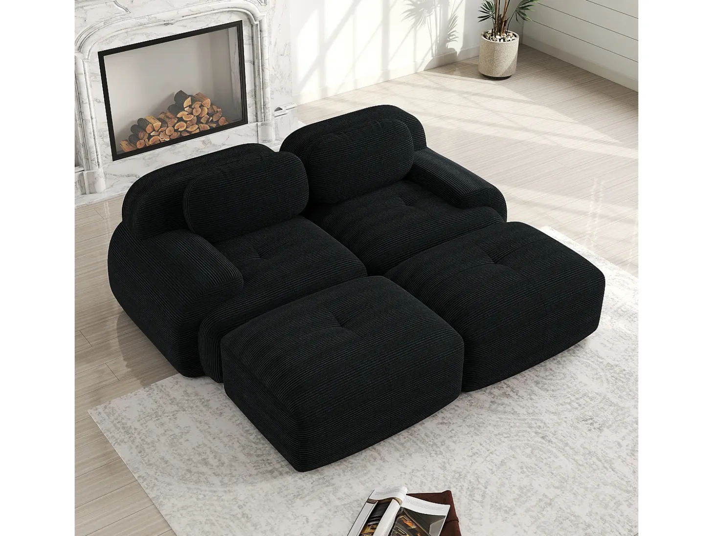 Sofá recto con reposabrazos curvos - Sofá de 2 plazas con respaldo y cojines decorativos - pana negra