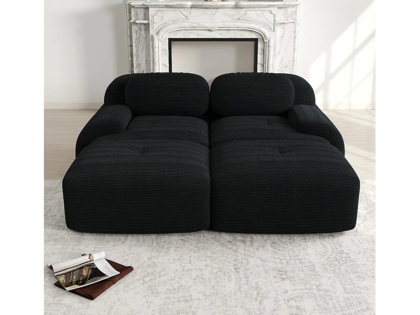 Sofá recto con reposabrazos curvos - Sofá de 2 plazas con respaldo y cojines decorativos - pana negra