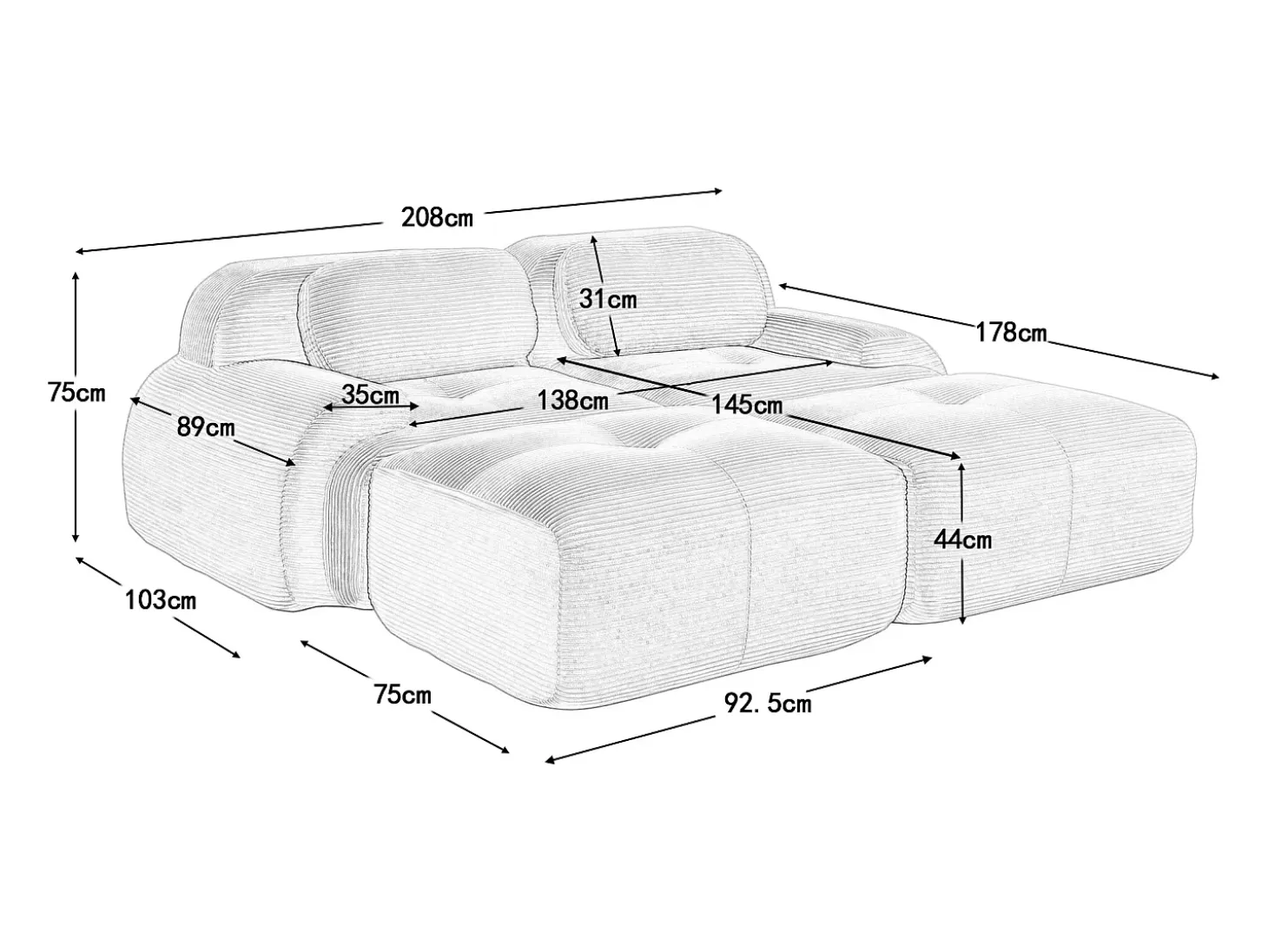 Sofá recto con reposabrazos curvos - Sofá de 2 plazas con respaldo y cojines decorativos - pana negra