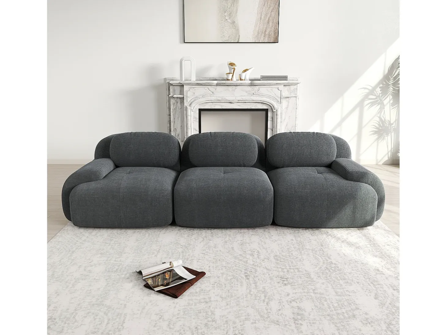 Sofá recto con reposabrazos curvos - Sofá 3 plazas con respaldo y cojines decorativos - pana gris