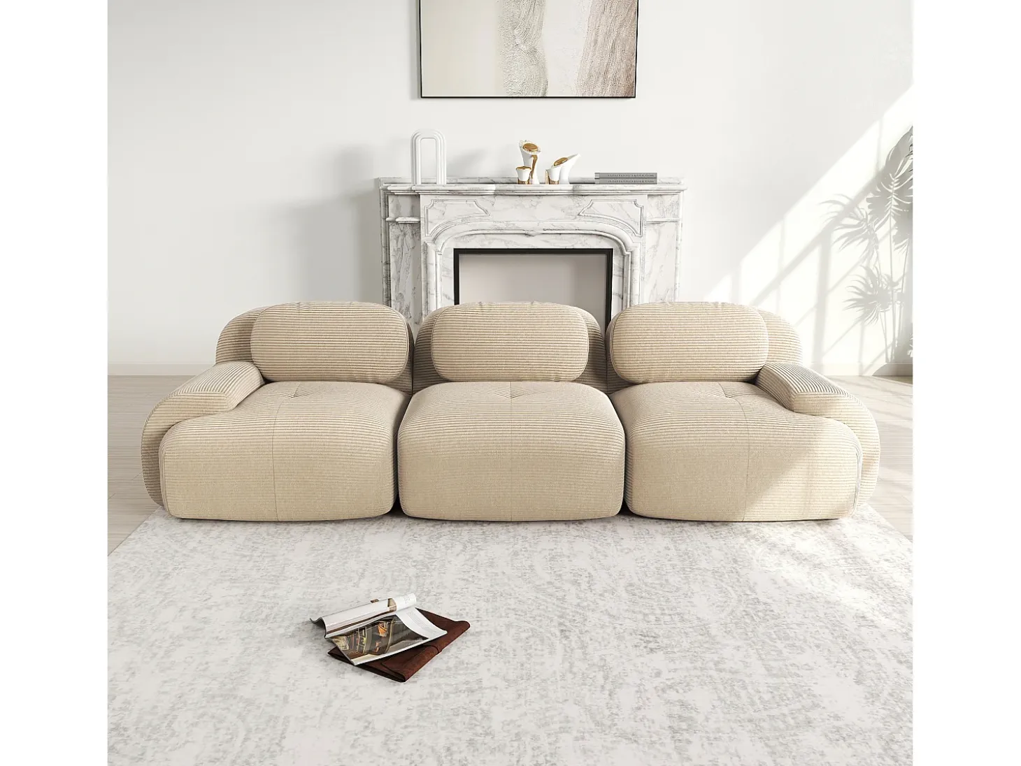 Sofá recto con reposabrazos curvos - Sofá de 3 plazas con respaldo y cojines decorativos - pana beige