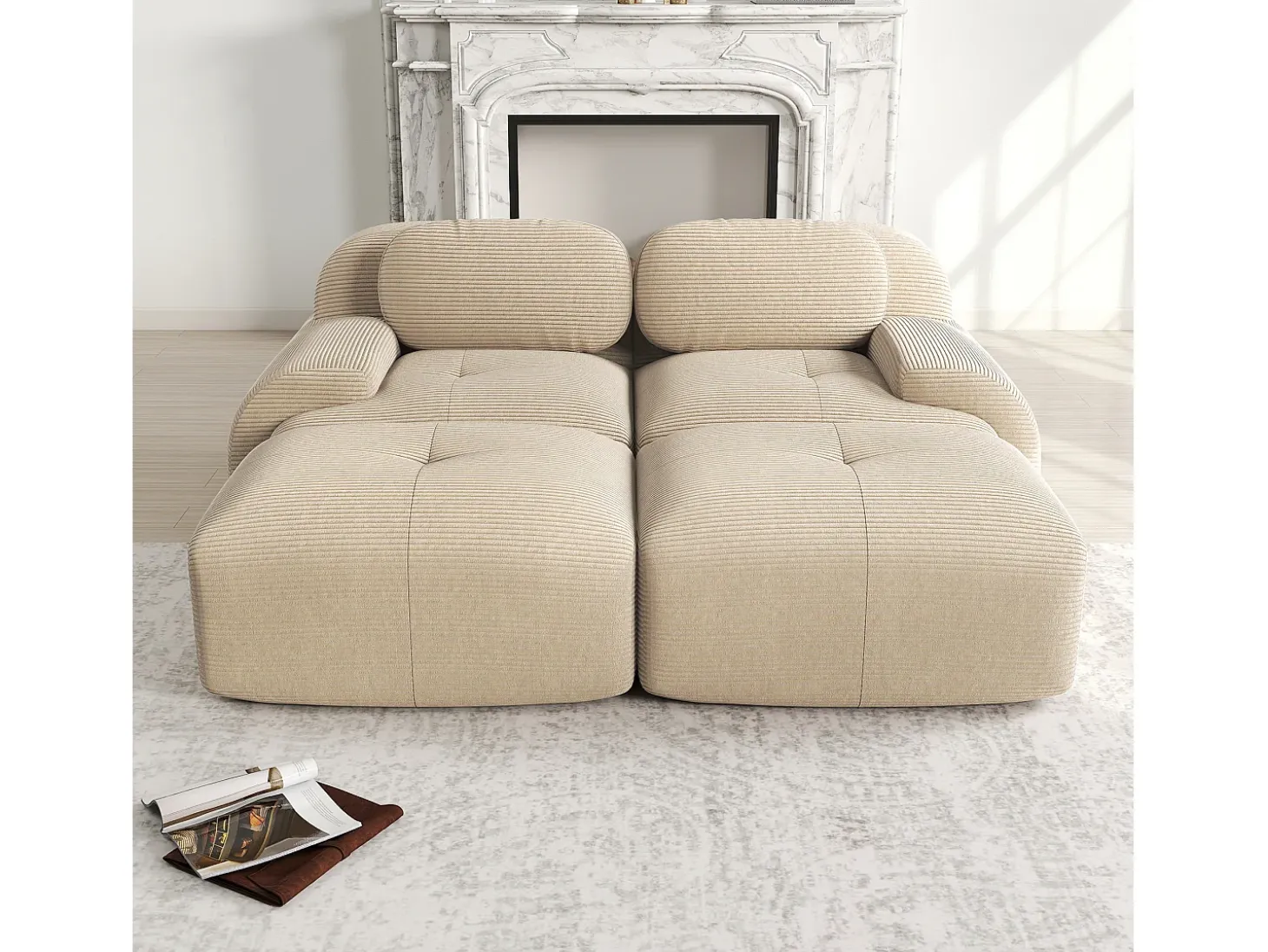 Sofá recto con reposabrazos curvos - Sofá de 2 plazas con respaldo y cojines decorativos - pana beige