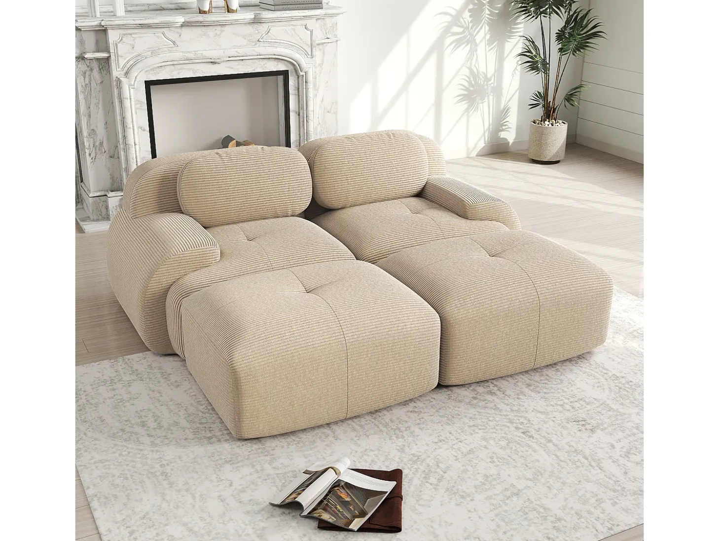 Sofá recto con reposabrazos curvos - Sofá de 2 plazas con respaldo y cojines decorativos - pana beige