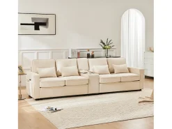 Sofá recto de 4 plazas con consola - 2 portavasos y USB - bolsillos laterales y 4 almohadas - tejido de lino (beige)