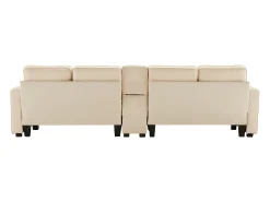 Sofá recto de 4 plazas con consola - 2 portavasos y USB - bolsillos laterales y 4 almohadas - tejido de lino (beige)