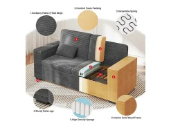 Sofá recto de 2 plazas en terciopelo acanalado Gris - con reposabrazos de almacenamiento - 180x74x84cm