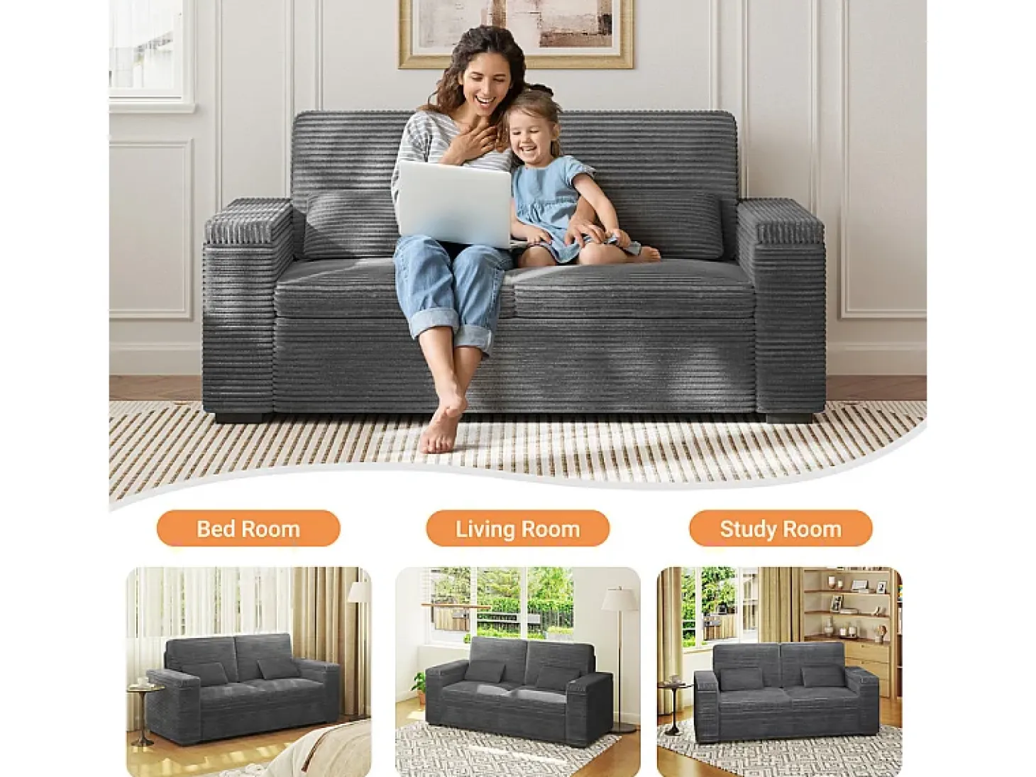 Sofá recto de 2 plazas en terciopelo acanalado Gris - con reposabrazos de almacenamiento - 180x74x84cm