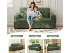 Sofá recto de 2 plazas en terciopelo acanalado Verde - con reposabrazos de almacenamiento - 180x74x84cm