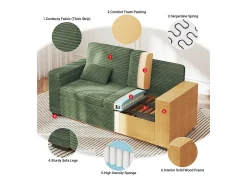 Sofá recto de 2 plazas en terciopelo acanalado Verde - con reposabrazos de almacenamiento - 180x74x84cm