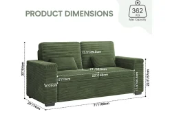 Sofá recto de 2 plazas en terciopelo acanalado Verde - con reposabrazos de almacenamiento - 180x74x84cm