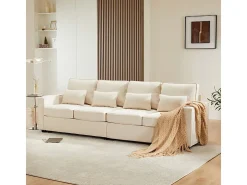 Sofá recto de lino beige - 4 plazas - con bolsillos en los reposabrazos y 4 cojines - 264x83x87cm