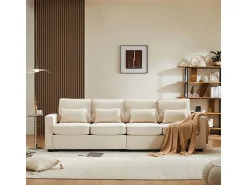 Sofá recto de lino beige - 4 plazas - con bolsillos en los reposabrazos y 4 cojines - 264x83x87cm