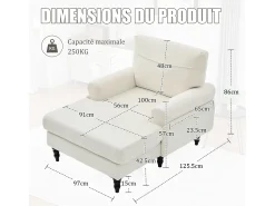 Sofá Relax de 1 Plaza en Felpa - Respaldo Envolvente - Asiento Extra Profundo 100cm - Estructura 250kg - Ideal para Salón, Oficina y Balcón - Pies de Madera Maciza