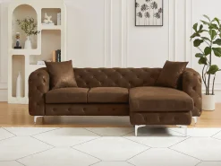 Sofá rinconera chesterfield reversible de microfibra efecto cuero envejecido marrón EDWINA