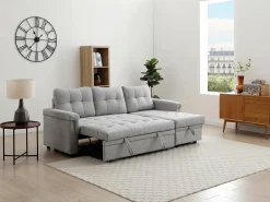Sofá rinconera convertible y reversible en tela gris claro DERAMOP