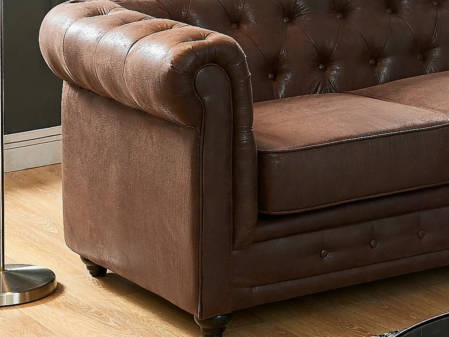 Sofá rinconera de microfibra envejecida color marrón CHESTERFIELD