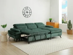 Sofá rinconera derecha convertible de tejido texturizado con baúl de almacenamiento verde MORAVA