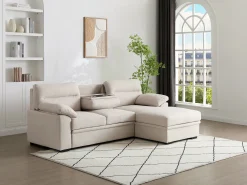 Sofá rinconera derecho convertible de tela beige ULENIO
