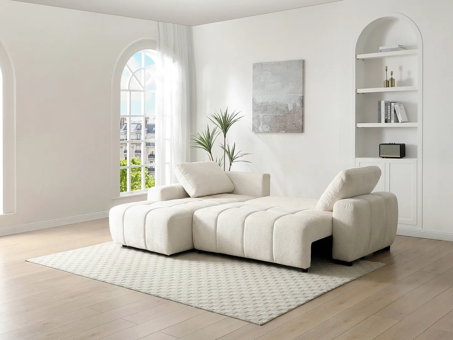 Sofá rinconera izquierda convertible en chenilla beige KOUMALO