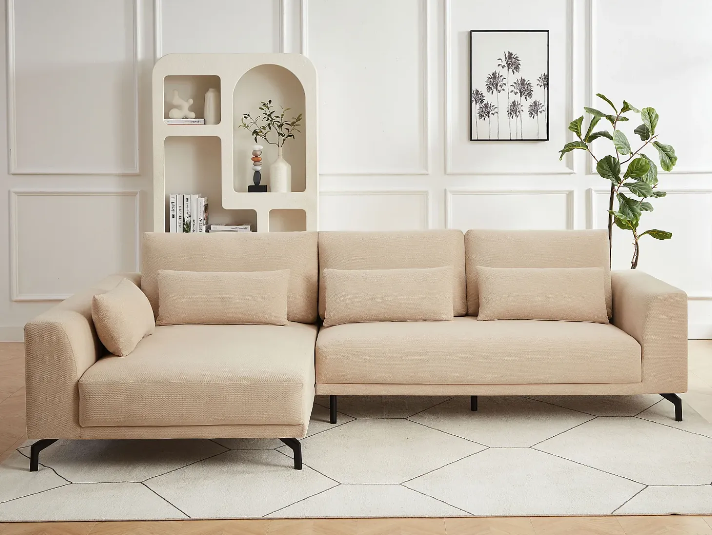 Sofá rinconera izquierda en tela texturizada beige 5 plazas TILANIA