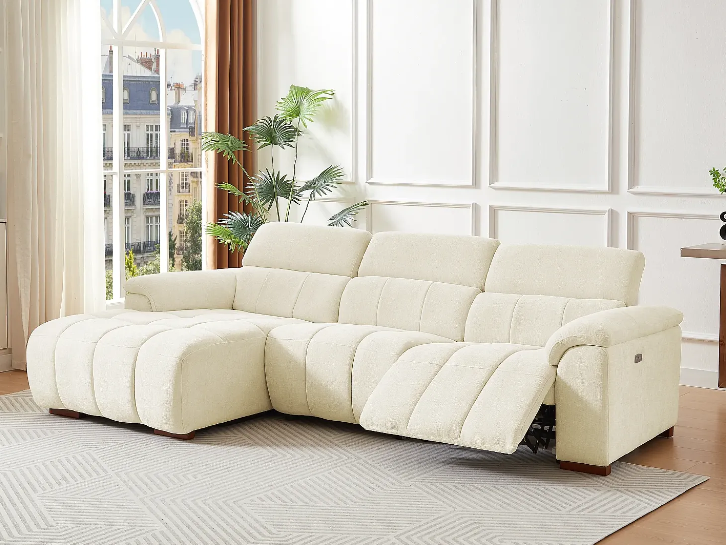 Sofá rinconera izquierda relax eléctrico de tela beige efecto acolchado MOLPICA