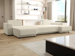 Sofá rinconera panorámico de pana beige acanalado NESSARO
