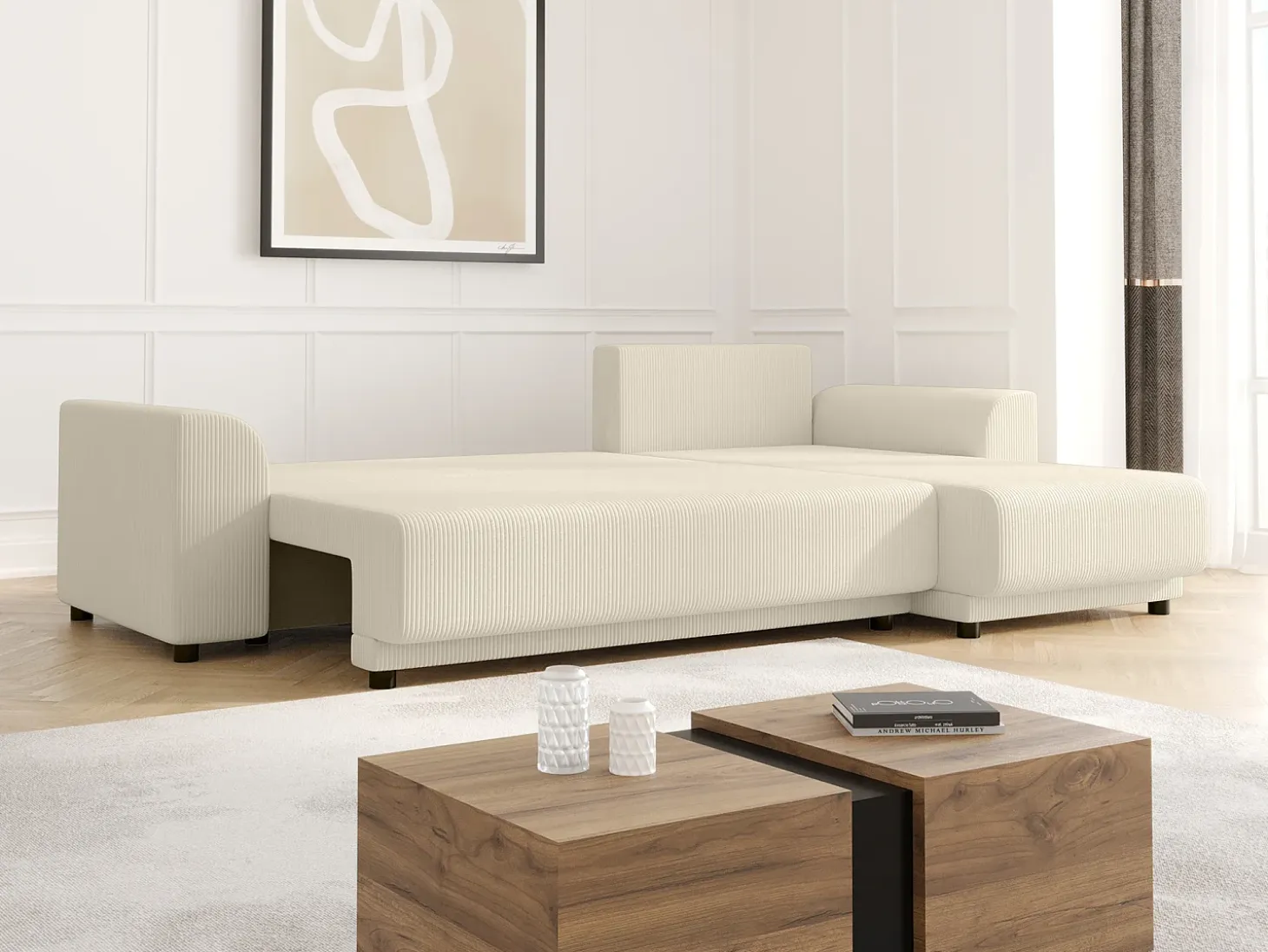 Sofá rinconera reversible de pana beige NESSARO