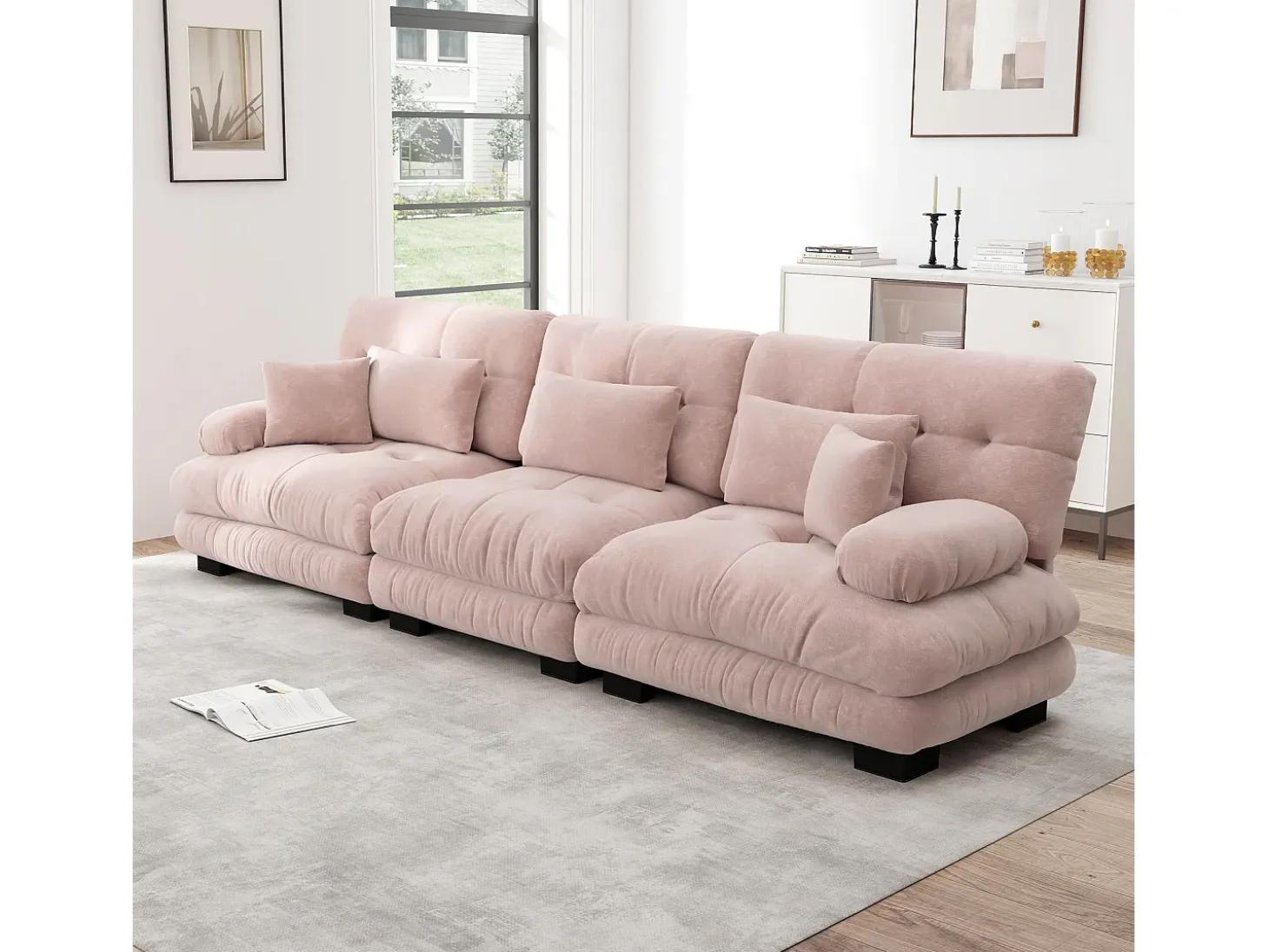 Sofá rosa de 3 plazas - Sofá recto con 3 cojines lumbares y 3 cojines decorativos - chenilla