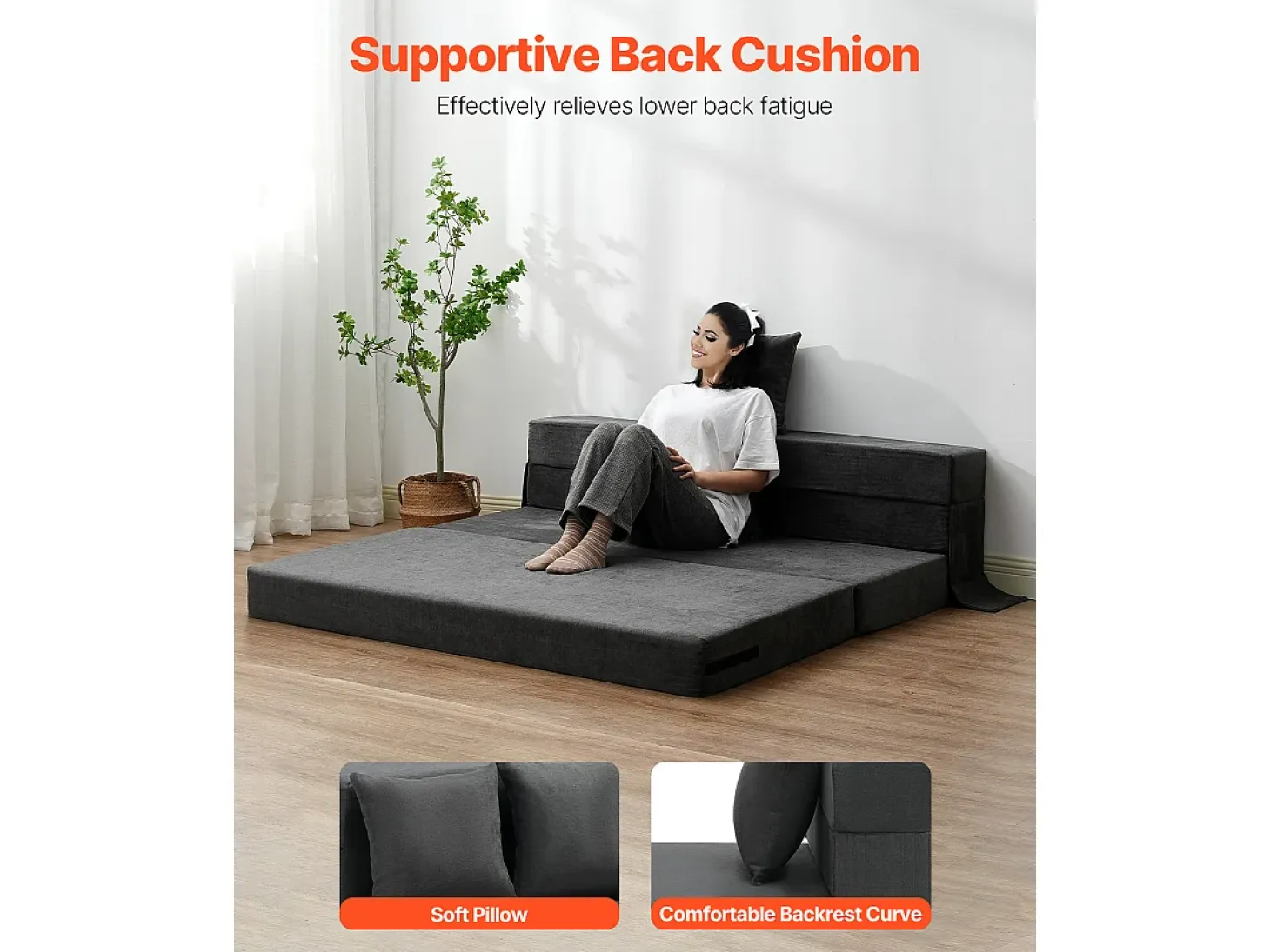 Sofá-Cama Plegable SucceBuy, 3 en 1 con 2 Almohadas, Gris Oscuro, Queen