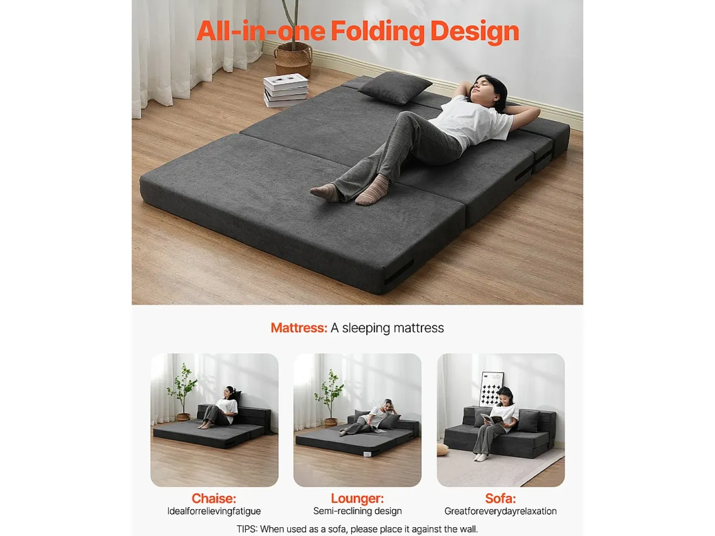 Sofá-Cama Plegable SucceBuy, 3 en 1 con 2 Almohadas, Gris Oscuro, Queen