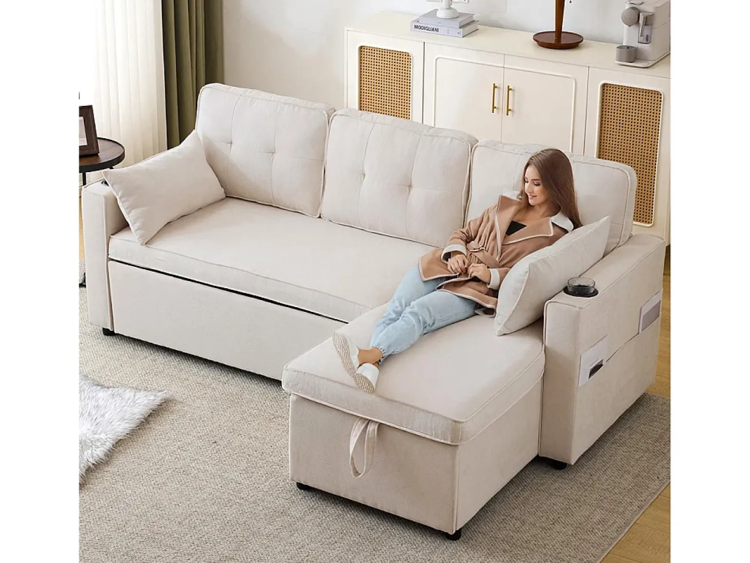 Sofás con función de dormir, sofás en forma de L, muebles tapizados, sofás, tumbonas con portavasos,Beige